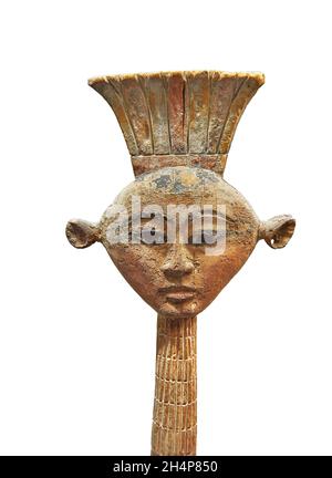 Bois égyptien Sculpture de la déesse Anouket .Musée du Louvre N3534.Anouket (déesse à la vache, tête de, oreilles percées, couronne d'Anouket).Isolant Banque D'Images