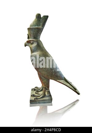 Ancienne statue égyptienne du faucon Horus, 664-332 av. J.-C., alliage de cuivre.Musée du Louvre E 14282.Horus falcon est debout et porte une couronne de Pschent.Hauteur : 53 cm Banque D'Images