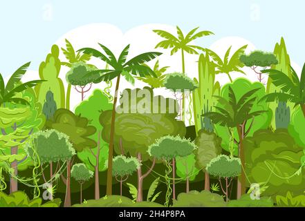 Arrière-plan de la jungle ombragée.Plantes de la forêt tropicale.Magnifique paysage vert avec arbres exotiques et palmiers.Joli dessin animé.Vecteur. Illustration de Vecteur