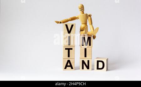 LA VITAMINE D est écrite sur des cubes en bois sur fond blanc.Concept médical Banque D'Images