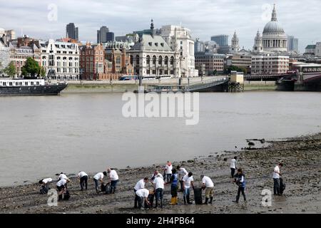 Une scène de bienvenue - des bénévoles ramassant des déchets des rives de la Tamise à marée basse près de la cathédrale Saint-Paul.La Tamise a été avec succès Banque D'Images