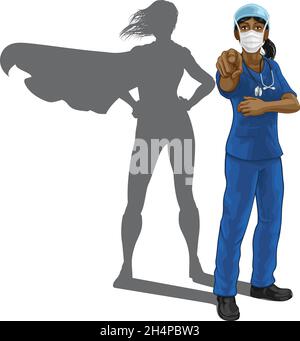 Infirmière Doctor Woman Super Hero Shadow Pointing Illustration de Vecteur