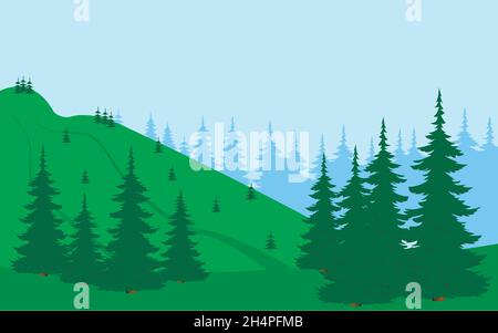 Paysage d'été avec forêt de conifères et pente de montagne. Illustration de Vecteur