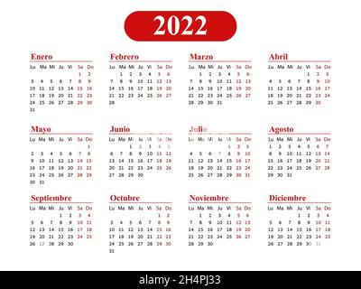 Calendrier horizontal simple rouge de poche sur 2022 ans, en espagnol. Illustration de Vecteur