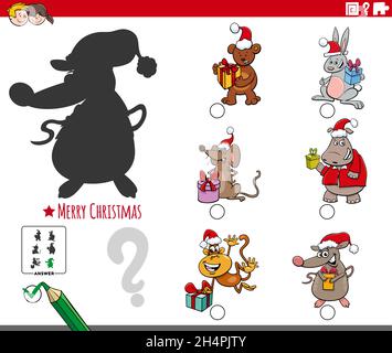 Illustration de dessin animé de trouver la bonne image à l'ombre tâche éducative pour les enfants avec des personnages d'animaux à l'heure de Noël Illustration de Vecteur