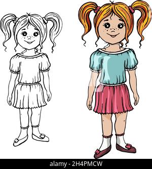 Fille debout isolé, drôle personnage de dessin animé.Illustration vectorielle.Isolé sur fond blanc.Livre de coloriage.Image couleur et noir et blanc Illustration de Vecteur