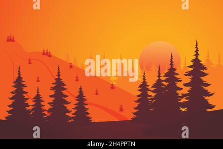 Paysage d'été avec forêt de conifères et pente de montagne au coucher du soleil. Illustration de Vecteur
