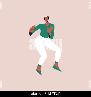 Bonne femme noire dansant à la musique tout en l'écoutant avec un casque.Des personnages de dessin animé féminins dansant de joie et de plaisir.Illustration vectorielle Illustration de Vecteur