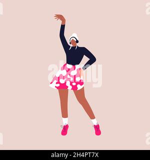 Bonne femme noire dans une jupe danse à la musique tout en l'écoutant avec des écouteurs.Personnage de dessin animé féminin dansant avec ses mains vers le haut de la joie Illustration de Vecteur