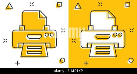 Icône imprimante de bureau en style comique. Illustration vectorielle de la bande dessinée de télécopie sur fond blanc isolé. Concept commercial impression de texte effet de destruction. Illustration de Vecteur
