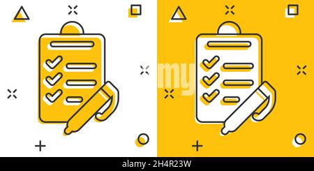 Icône Liste des tâches en style comique. Liste de contrôle du document illustration du vecteur de dessin animé sur fond blanc isolé. Bloc-notes cochez la case effets de destruction Illustration de Vecteur