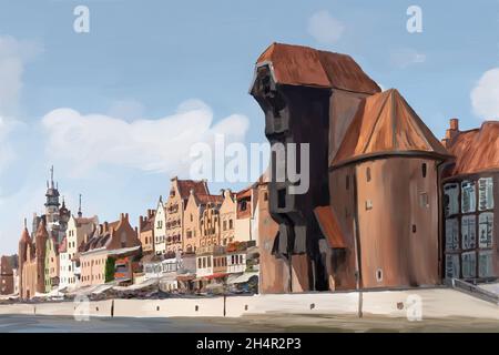 Peinture numérique à l'huile de la ville de Gdansk en Pologne. Banque D'Images