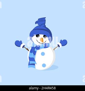 Bonhomme de neige mignon et drôle dans un chapeau et un foulard rayé sur fond bleu.Vecteur Illustration de Vecteur