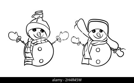 Deux bonhommes de neige joyeux en chapeaux et foulards isolés sur fond blanc.Tracé de contour.Doodle Illustration de Vecteur
