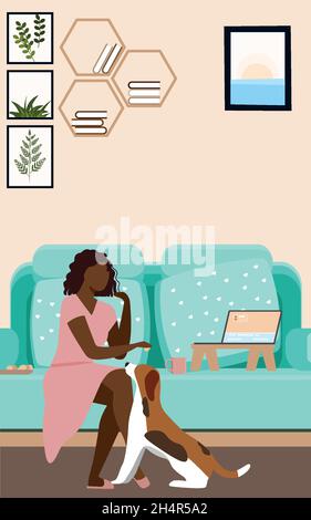 Concept de bureau à domicile, femme travaillant à domicile, étudiante ou pigiste.Style plat. Illustration de Vecteur