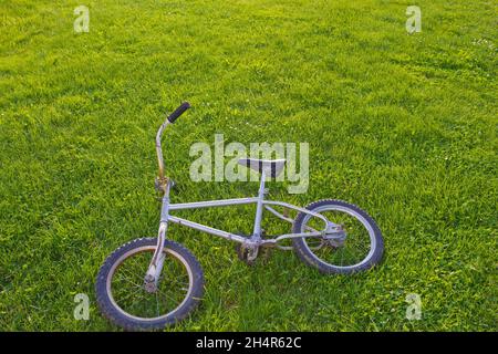 Vélo BMX couché sur l'herbe Banque D'Images