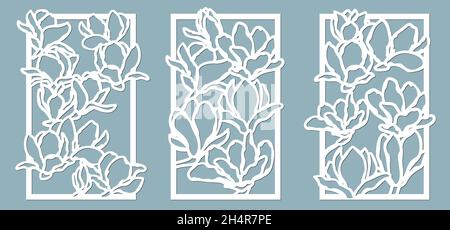 Motif fleurs de Magnolias.Ensemble, panneau pour l'enregistrement des surfaces décoratives.Illustration vectorielle d'une découpe au laser.Coupe et écran du traceur Illustration de Vecteur