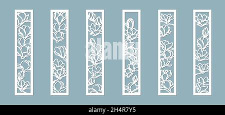 Motif fleurs de Magnolias.Ensemble, panneau pour l'enregistrement des surfaces décoratives.Illustration vectorielle d'une découpe au laser.Coupe et écran du traceur Illustration de Vecteur
