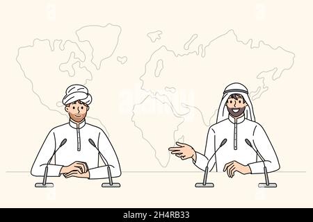 Conférence de presse sur le concept des hommes d'affaires arabes.Deux hommes de l'islam partenaires hommes d'affaires assis parlant ayant l'illustration du vecteur de conférence de presse Illustration de Vecteur