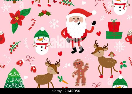Joli motif de noël avec père Noël, bonhomme de neige et cerf - adorables personnages de Noël.Ensemble de doodle dessiné à la main pour enfants.Bon pour le textile, la pépinière, le papier peint, Illustration de Vecteur