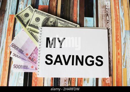 Écrire MES ÉCONOMIES écrites sur un bloc-notes, à côté des billets en euros et en dollars sur un fond rayé, le concept d'identification des fuites dans les dépenses pour fixer t Banque D'Images