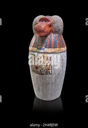 Ancien pot canopé égyptien représentant le babouin hapi, 1064-644 BC 3e période intermédiaire, bois peint, Musée du Louvre inv N2952B.inscrit au Padio Banque D'Images