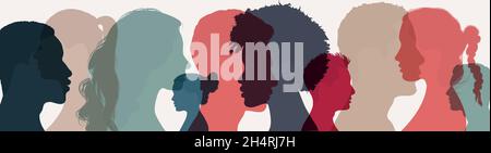 Psychologie et psychiatrie concept.Silhouettes visages dans le profil de personnes multiethniques et multiculturelles.thérapie psychologique.patients Illustration de Vecteur