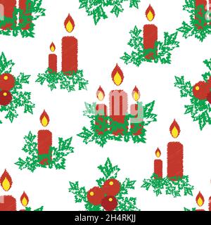 Noël bougies, baies, Holly sans couture motif vectoriel.Décor festif avec motifs traditionnels dispersés dans un style de dessin griffé Illustration de Vecteur