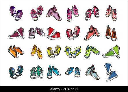 Baskets chaussures paires isolées.Jeu d'illustrations vectorielles dessinées à la main de chaussures de couleur.Chaussures de sport dessinées à la main pour le logo, l'affiche, la carte postale, le livret de mode, la circulaire.Sneakers à croquis vectoriel.Ensemble de chaussures arc-en-ciel Illustration de Vecteur