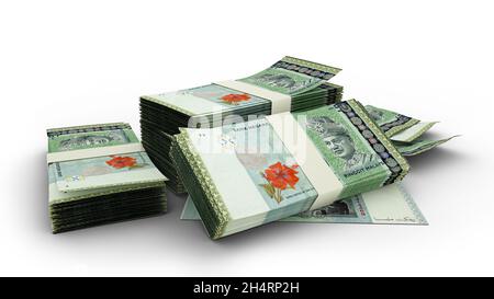 Pile 3D de 50 notes ringgit malaisiennes isolées sur fond blanc Banque D'Images