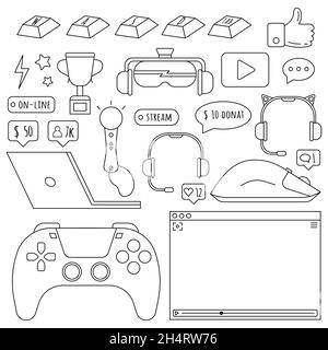 Jeu vidéo streamer Line Icon ensemble dans un style plat, isolé sur un fond blanc.Ordinateur portable, souris, clavier, casque, lunettes VR,et icône de manette de jeu. Illustration de Vecteur