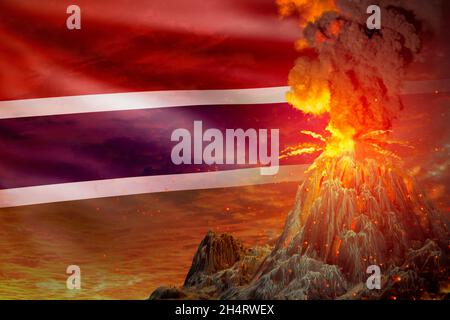 Grande éruption volcanique la nuit avec explosion sur fond de drapeau de Gambie, problèmes de catastrophe et de tremblement de terre volcanique concept - illustration 3D du natu Banque D'Images