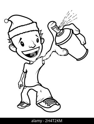 Noël chapeau de père Noël dessin animé graffiti personnage d'écrivain, souriant avec un aérosol de peinture sur la main.Ligne noire sur fond blanc. Illustration de Vecteur