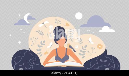 Femme lisant le livre, assis dans le nuage de fantaisie de l'imagination illustration vectorielle.Bande dessinée amant de la littérature caractère recevant la magie de la connaissance du livre.Développement personnel, concept d'auto-éducation Illustration de Vecteur