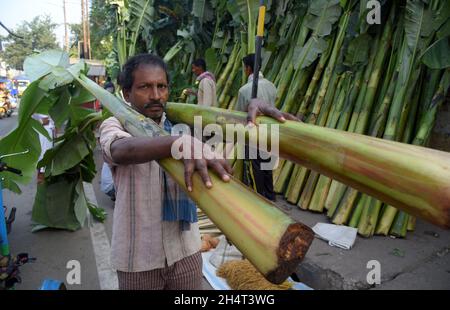 Guwahati, Guwahati, Inde.4 novembre 2021.Un homme porte des arbres Banana pour le festival hindou Diwali ou festival de lumière dans un marché à Guwahati Assam Inde le jeudi 4 novembre 2021.(Image de crédit : © Dasarath Deka/ZUMA Press Wire) Banque D'Images