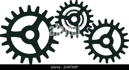 Symbole de roue dentée ou de travail sur fond blanc isolé.Trois roues noires en coopération. Illustration de Vecteur