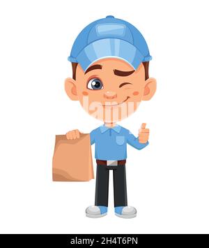 Personnage de dessin animé Courier.Drôle de liveur tenant le sac de papier.Illustration vectorielle sur fond blanc Illustration de Vecteur