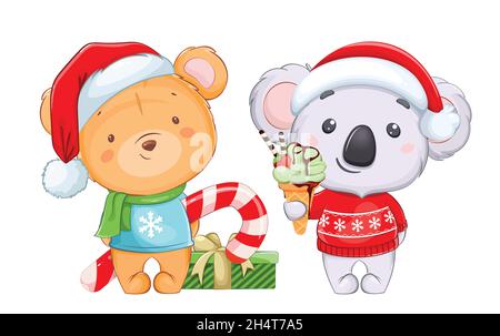 Joyeux Noël et Bonne Année.Personnages de dessin animé, drôle de koala dans chapeau de Santa tenant la glace-crème et mignon ours en peluche avec grande canne de bonbons.Stock V ect Illustration de Vecteur