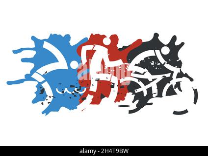 Trois Triathlon Racers, icônes.Dynamique expressive dessinant trois athlètes de triathlon sur fond de grunge.Vecteur disponible. Illustration de Vecteur