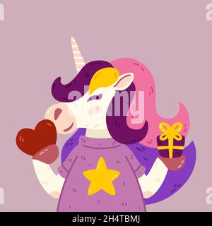 Portrait de licorne mignon avec cadeau et coeur.Saint-Valentin cheval romantique avec corne, cadeau, t-shirt.Illustration vectorielle isolée en arrière-plan. Illustration de Vecteur