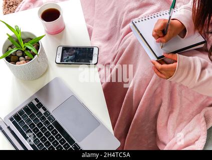 Femme couvrant couverture rose assis sur un canapé prenant des notes sur un ordinateur portable sur une table. Apprendre ou travailler à la maison. Banque D'Images