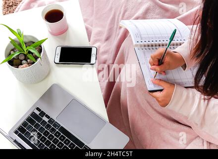 Femme couvrant couverture rose assis sur un canapé prenant des notes sur un ordinateur portable sur une table. Apprendre ou travailler à la maison. Banque D'Images