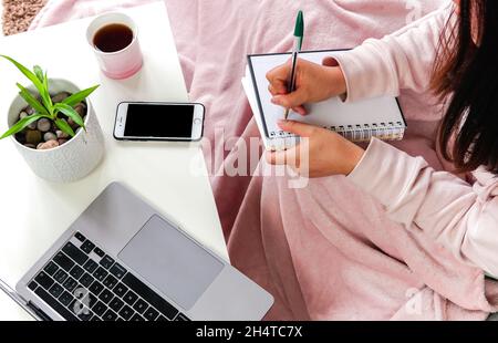 Femme couvrant couverture rose assis sur un canapé prenant des notes sur un ordinateur portable sur une table. Apprendre ou travailler à la maison. Banque D'Images