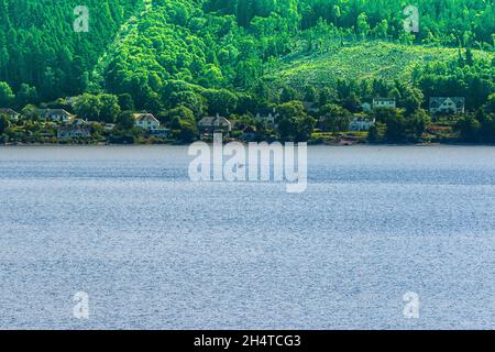 Vue sur un lac en Ecosse.Loch Ness par jour en bateau.Maisons sur la rive avec forêt et montagnes en arrière-plan en été.Arbres verts sur le Banque D'Images