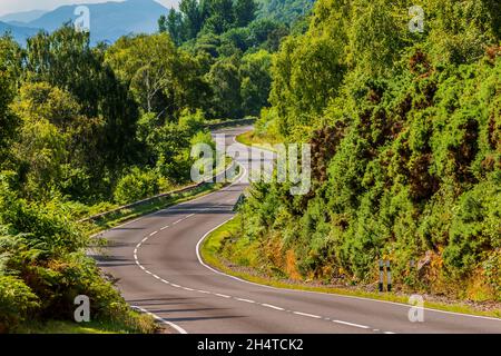 Une route étroite et sinueuse en Écosse le long du Loch Ness.Arbres et buissons à côté de la route en été sous le soleil.Panneaux de signalisation et barrières de sécurité avec lan Banque D'Images