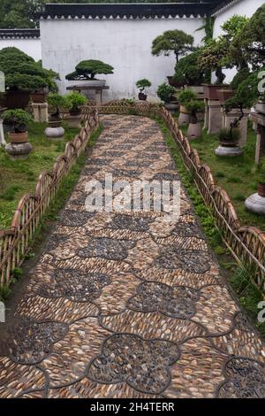 Une passerelle en mosaïque de roche dans l'humble Administrator's Garden à Suzhou, en Chine. Banque D'Images