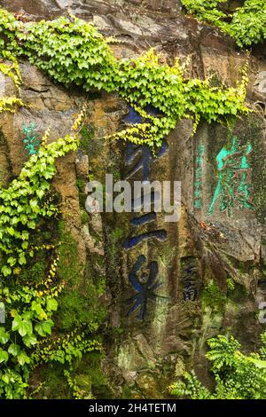 Ivy croissant par la calligraphie chinoise script cavité dans la pierre par l'étang Sword sur Tiger Hill, Suzhou, Chine. Banque D'Images