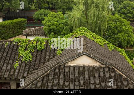 Détail architectural des toits de tuiles d'argile traditionnels dans la zone panoramique Pan Gate à Suzhou, Chine. Banque D'Images