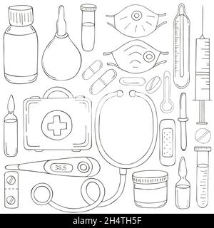 Page de coloriage.Jeu d'outils de médecin en forme de dessin à la main.Ambulance médecin outils, cas médical, médicaments, stéthoscope Illustration de Vecteur