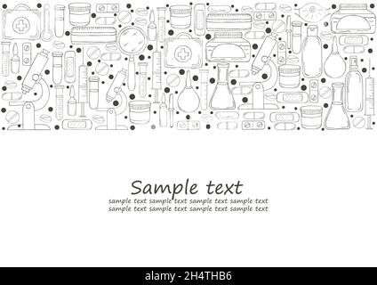 Bannière colorante.Kit d'outils de médecin assistant de laboratoire en forme de dessin à la main.Outils d'analyse, recherche de virus.Boîtier du médecin, microscope Illustration de Vecteur